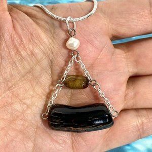 Pearl & Florida Black Coral Chunky Pendant Silver Tone Necklace Select Length